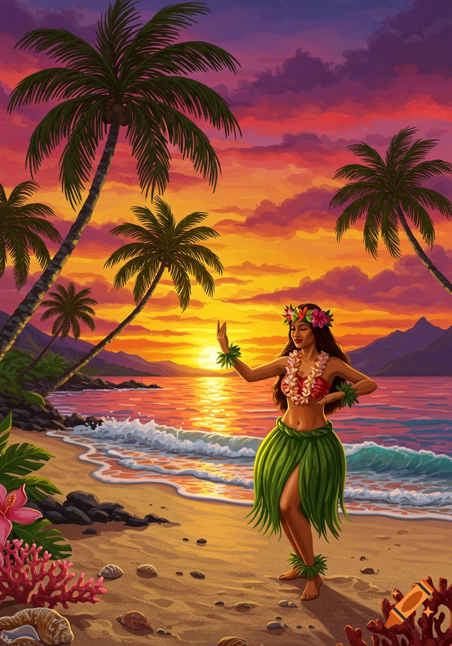 Vibrant illustration of a hula dancer on a tropical beach at sunset, with palm trees and ocean waves.