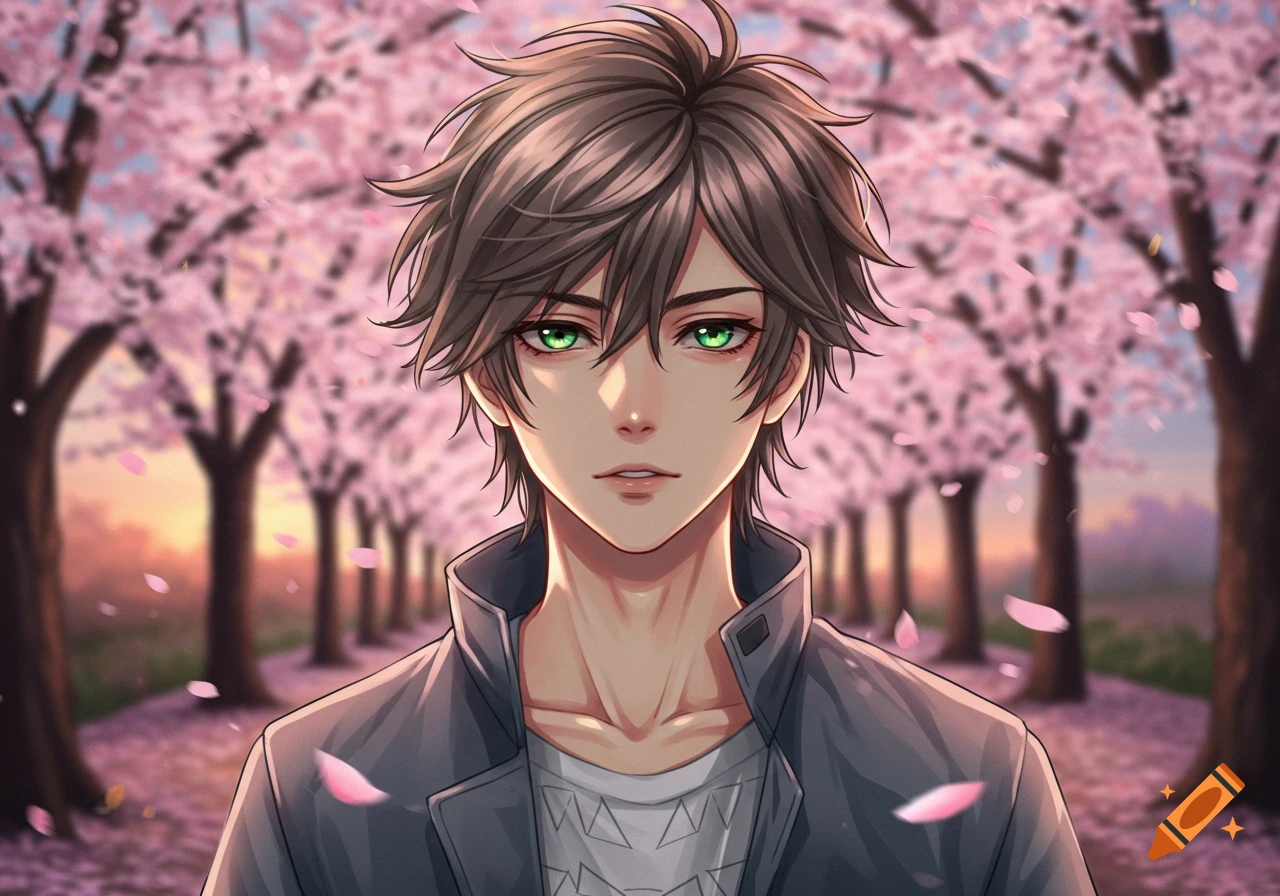 Anime boy with brown hair and green eyes standing in a cherry blossom avenue.