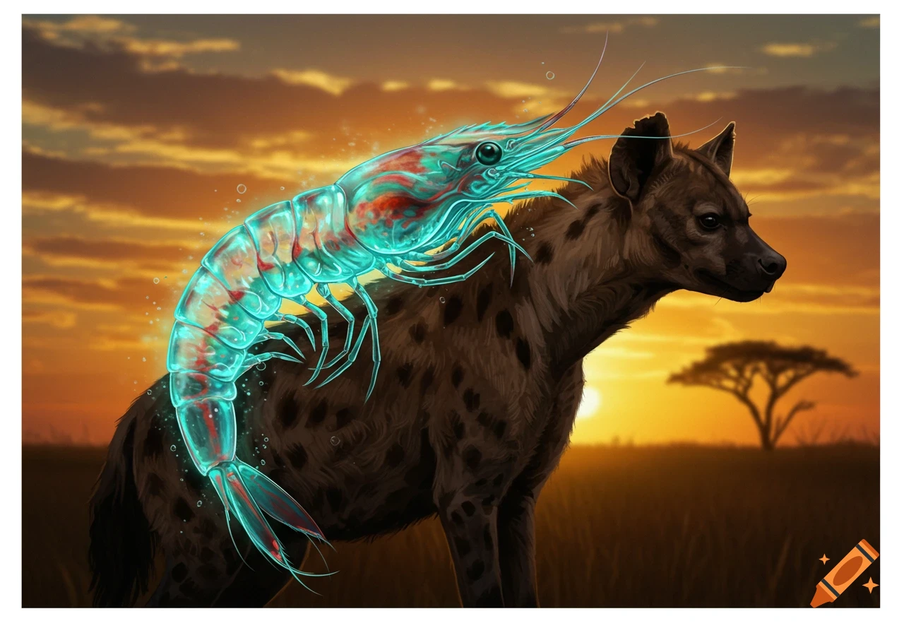 An illustration of a spotted hyena carrying a glowing, translucent blue and red shrimp on its back against a savanna sunset.