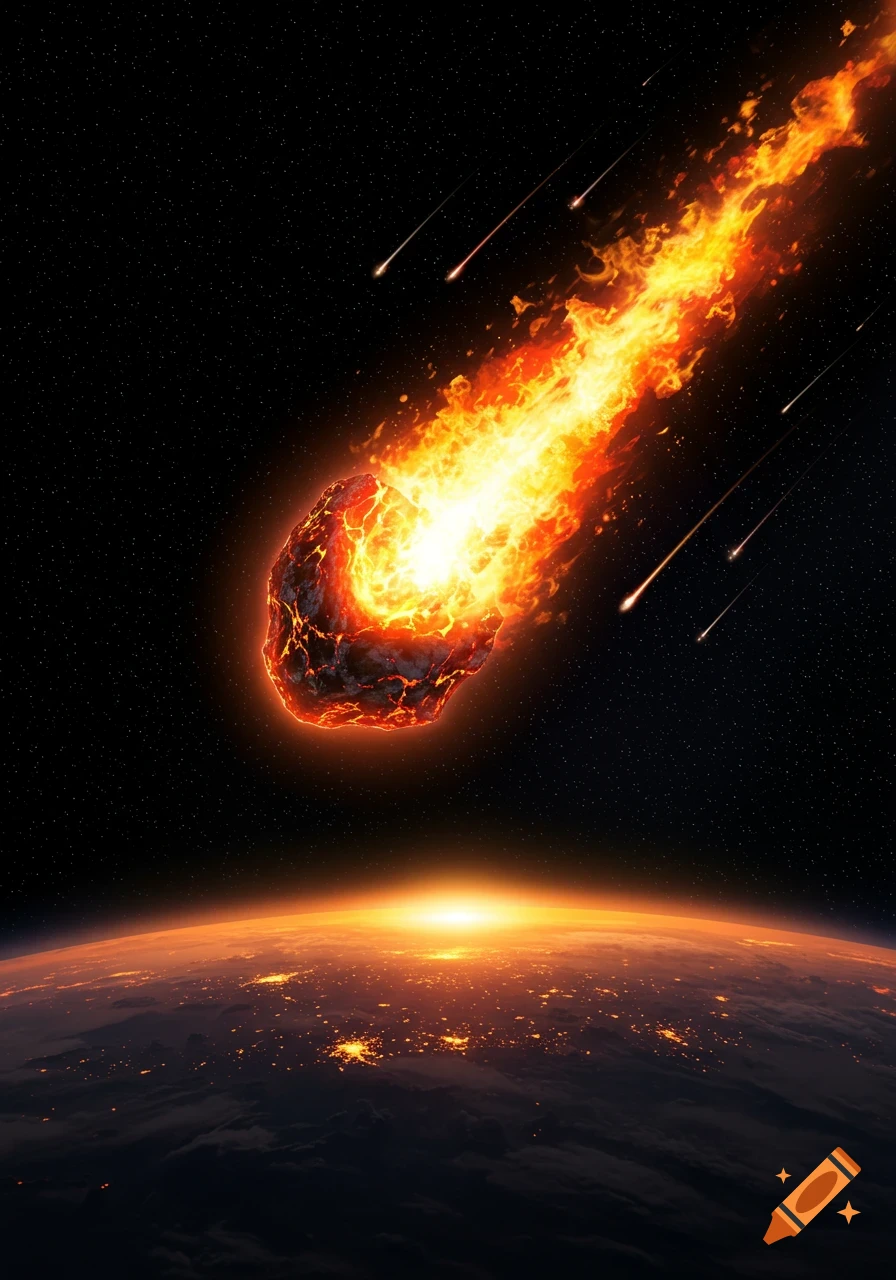 A large fiery meteorite hurtles through space towards Earth, with city lights visible on the planet's dark surface.
