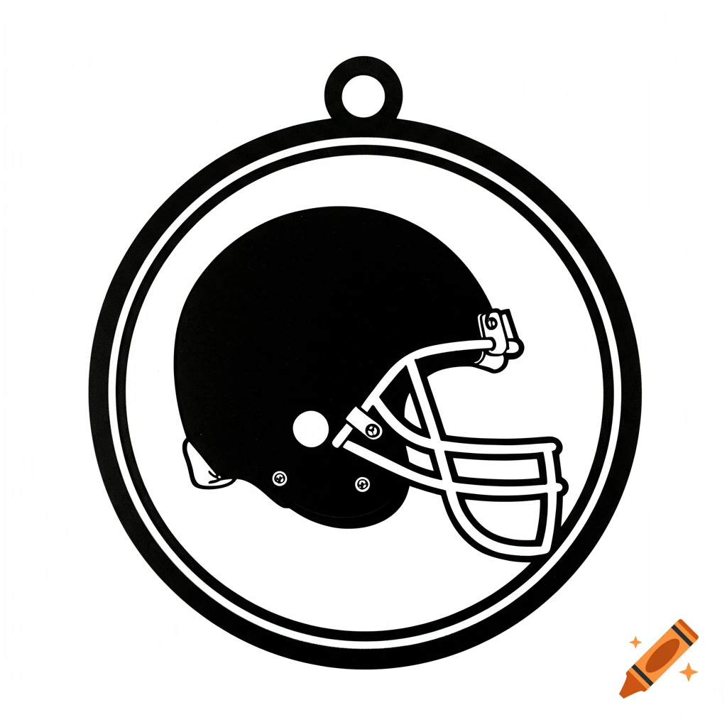 A black and white laser-cut ornament design featuring a side view of an American football helmet inside a thick circular ring.