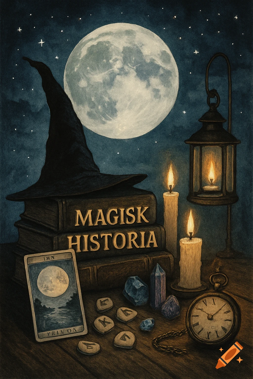 A mystical still life illustration with a large full moon, a witch's hat on old books titled "MAGISK HISTORIA", candles, a lantern, a tarot card, runes, crystals, and a pocket watch on a wooden table.