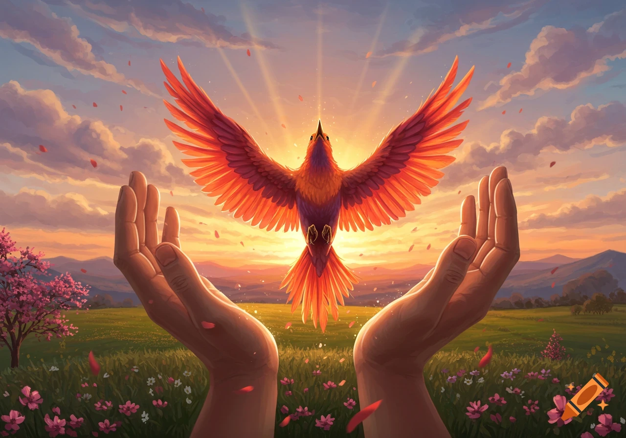 Vibrant bird with orange-red wings flying from two cupped hands under a radiant sunset sky over a field of flowers. Digital art.