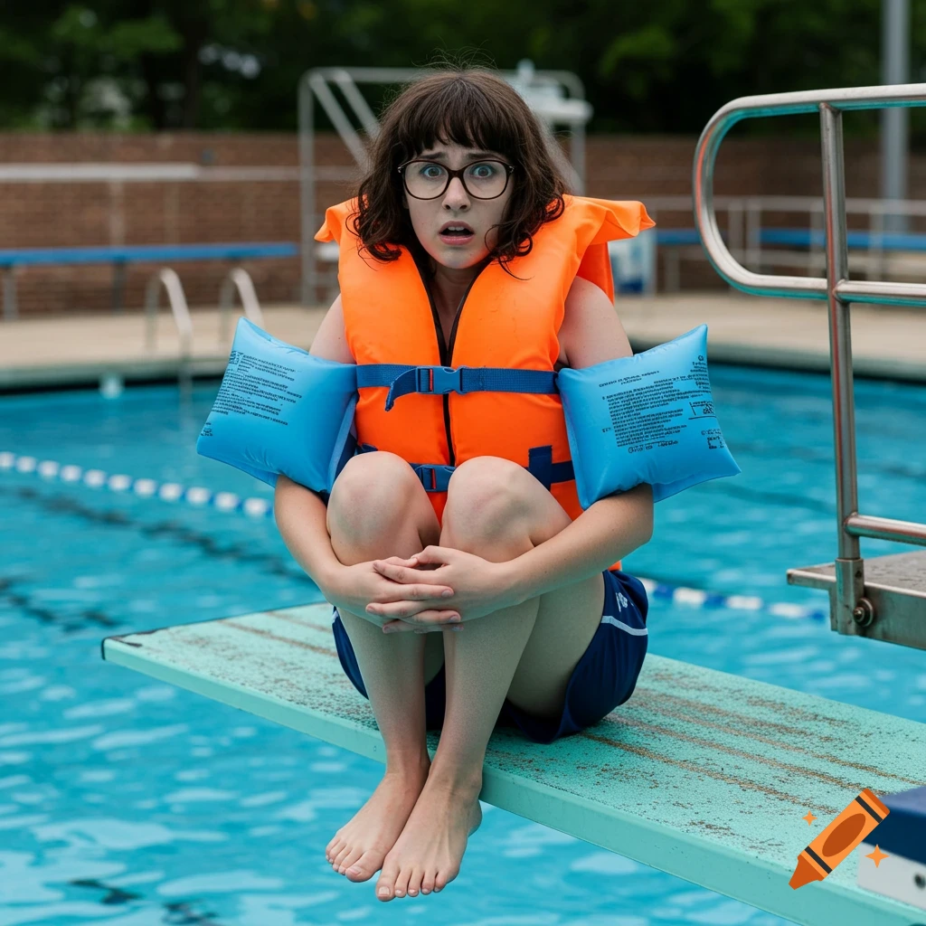 Photorealistic image of a nervous brunette woman in glasses, life jacket, and waterwings squatting on a diving board above a public pool.