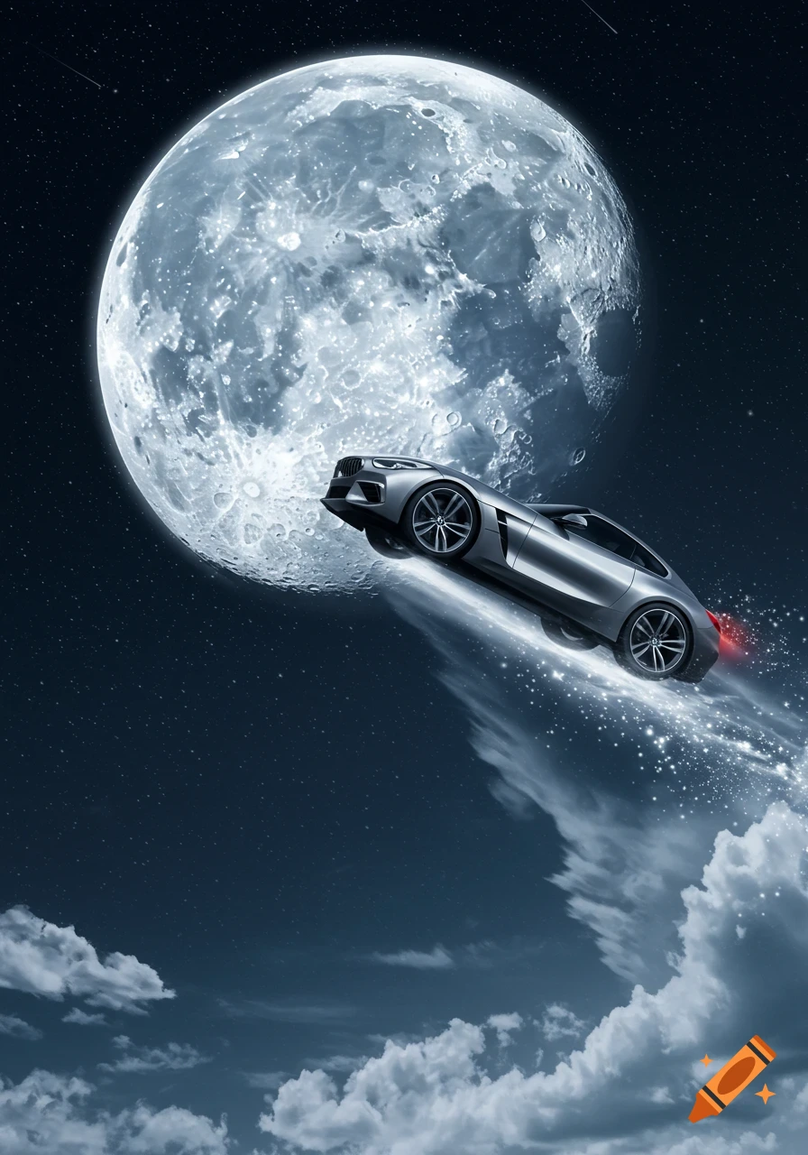 A sleek silver BMW sports car flies diagonally through a starry night sky, trailing light, with a large full moon in the background.