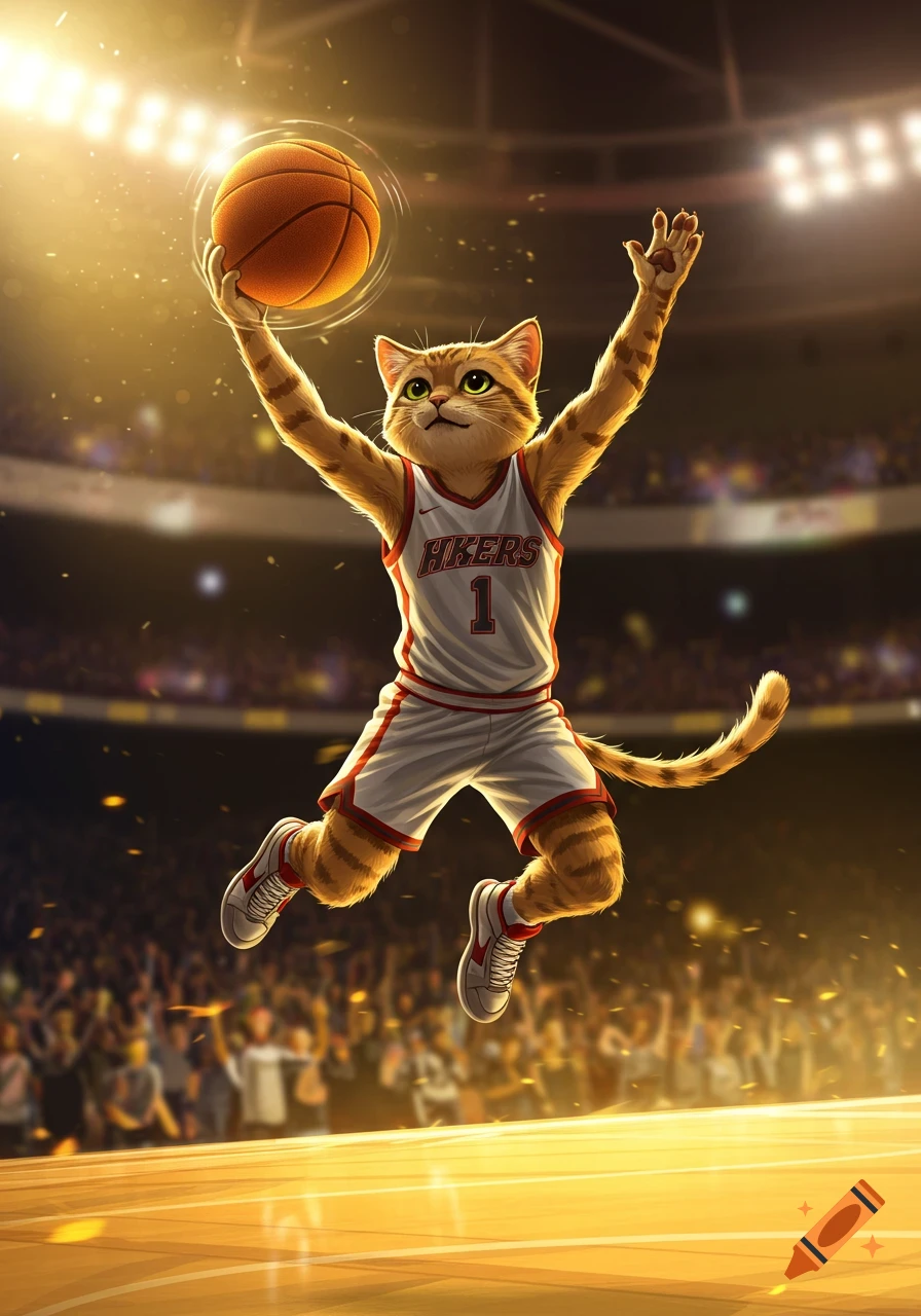 A determined anthropomorphic orange tabby cat in a white and red basketball uniform jumps to dunk a basketball in a brightly lit arena.