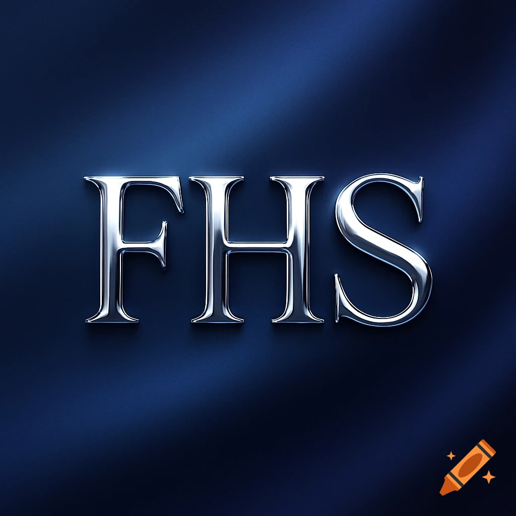 Metallic chrome letters FHS on a dark blue background.