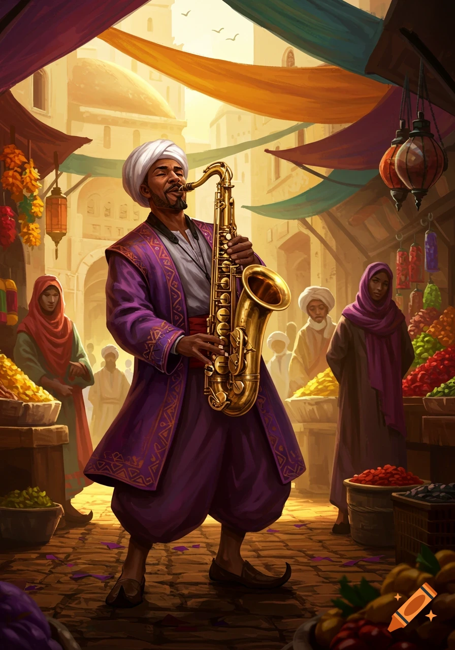 A man in a turban and purple robes plays a saxophone in a vibrant, bustling marketplace, surrounded by colorful goods.