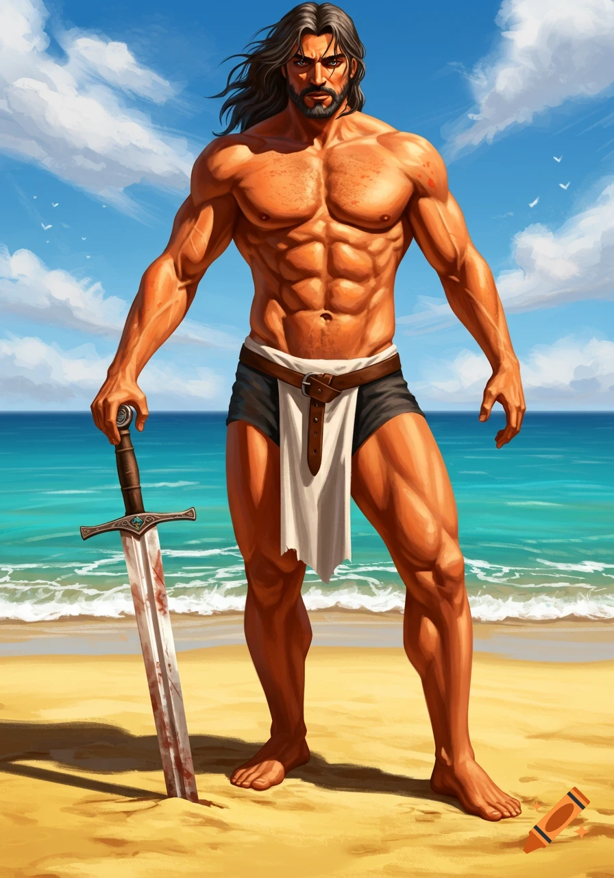 Muscular, bearded man with long hair, shirtless on a sandy beach, holds a sword plunged into the sand. Blue ocean and sky.