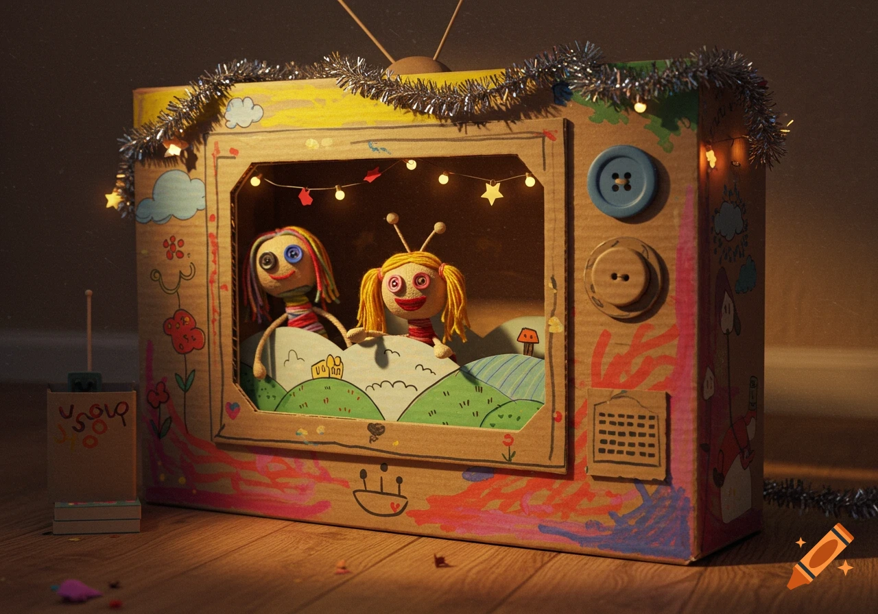 A whimsical cardboard TV decorated with tinsel and lights, showing two colorful yarn puppets on a painted landscape.