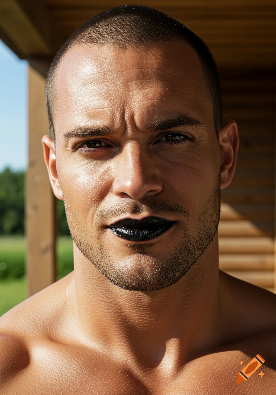 Closeup photorealistic portrait of a man with short hair, stubble, and high-gloss black lipstick, outdoors in natural light.