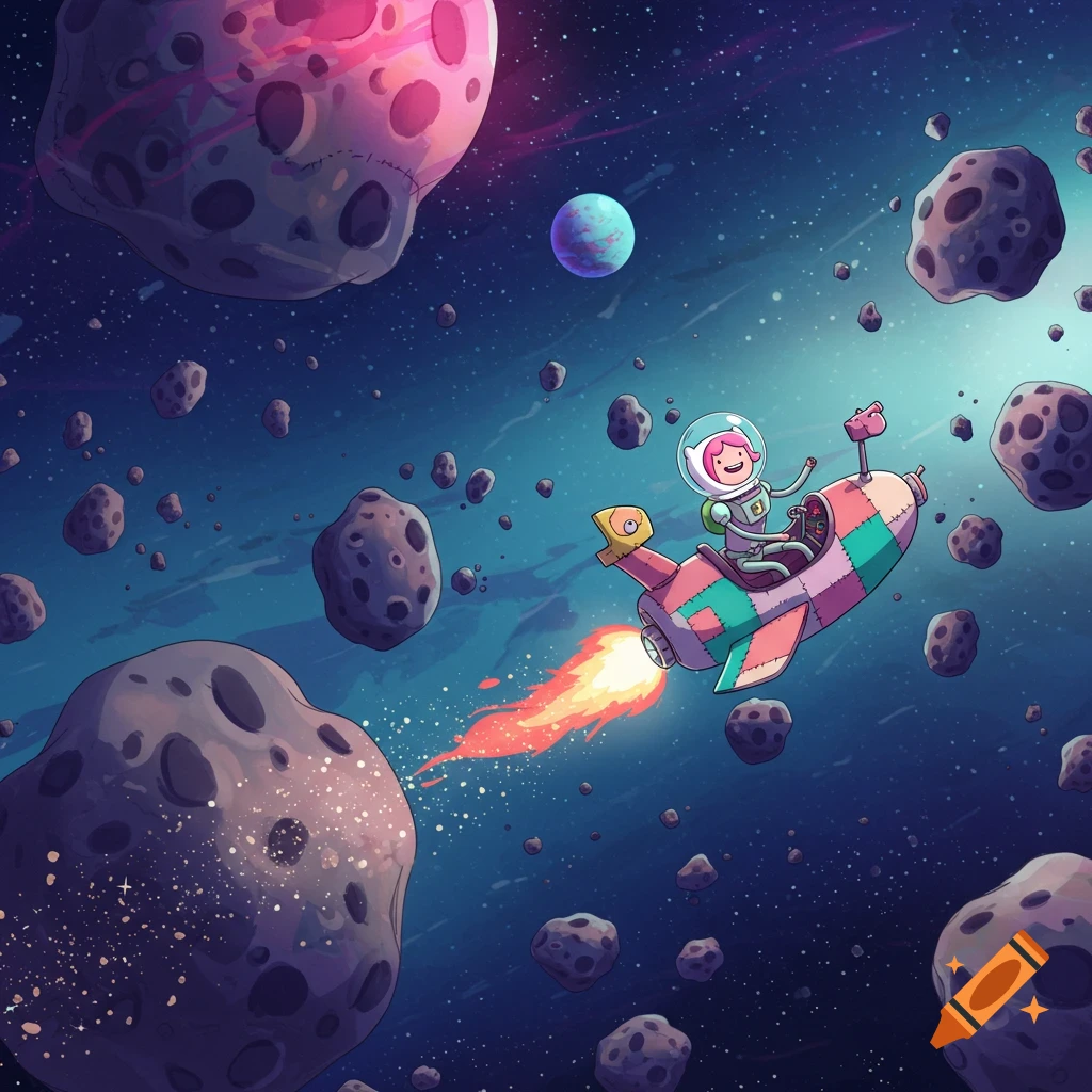 A pink-haired female astronaut pilots a colorful, quirky spaceship through a vibrant asteroid field, in an Adventure Time cartoon style.