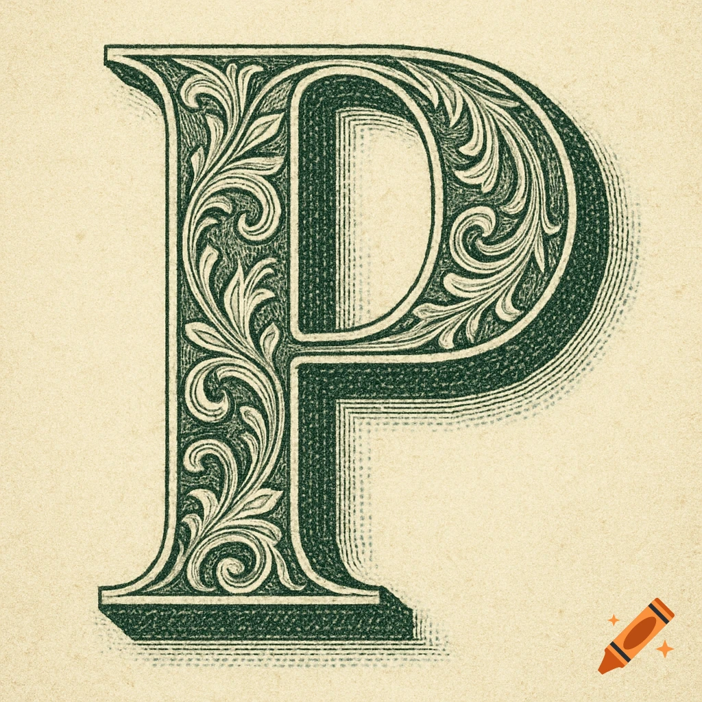 An ornate, dark green capital letter P stylized like a dollar bill engraving on aged, textured paper.