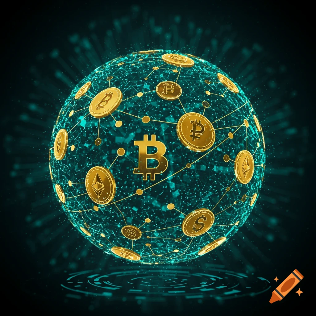A glowing digital sphere representing a global network, embedded with gold cryptocurrency symbols like Bitcoin, Ethereum, and dollar signs, on a dark background.