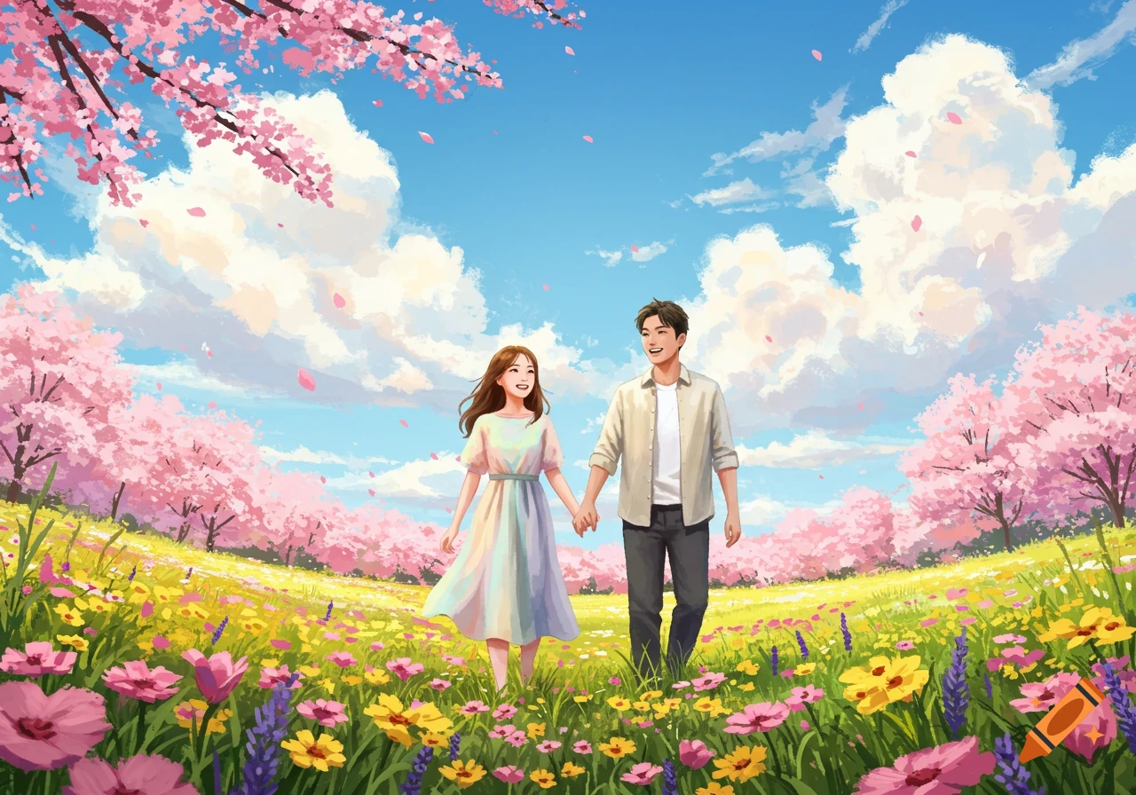 An illustrated smiling couple walks hand-in-hand through a vibrant spring meadow with colorful flowers and pink cherry blossom trees.