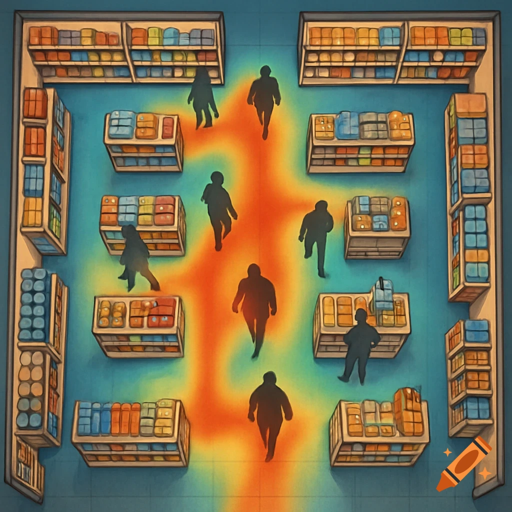 Aerial view of a retail store with shelves and aisles. Several shadowy figures walk through a central heatmap area of red, orange, and yellow.