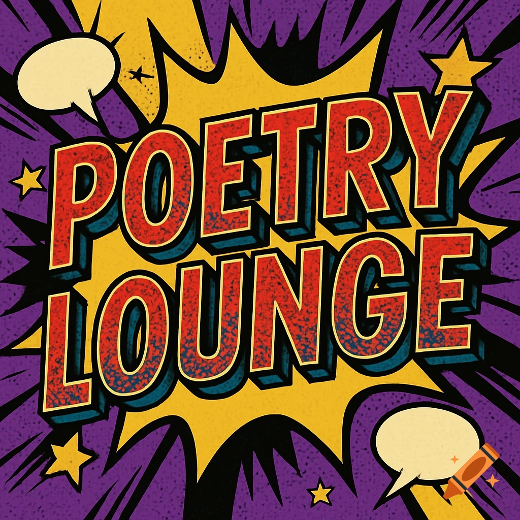 Pop art graphic with 'POETRY LOUNGE' in a comic book style, yellow starburst, purple background, speech bubbles, and stars.