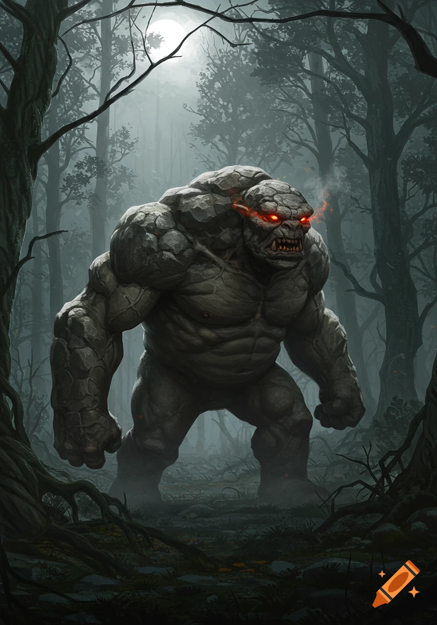 A massive, angry rock monster with glowing red eyes stands in a dark, misty forest under a full moon.