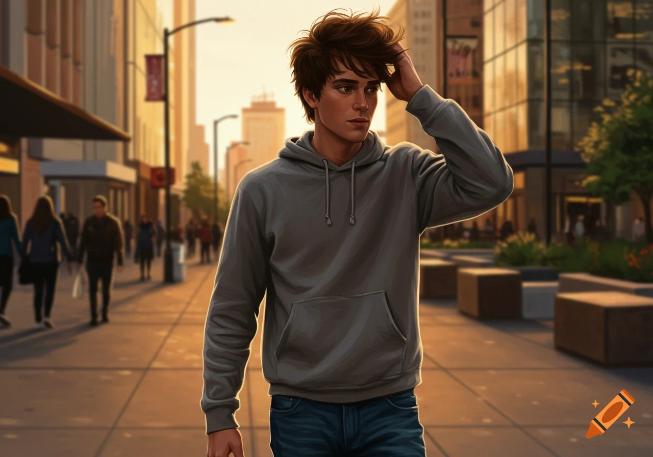A young man with tousled brown hair in a grey hoodie and jeans walks on a city street at sunset, in a digital art style.