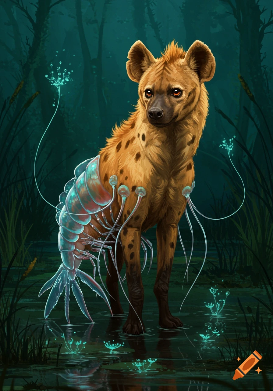A detailed digital art of a fantastical hyena-krill hybrid creature standing in a dark, glowing swamp.