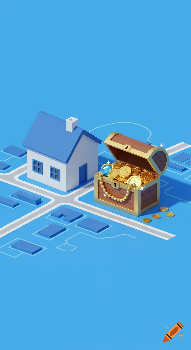 A modern isometric illustration of a stylized house and an open treasure chest with gold coins and jewels on a blue map-like background.