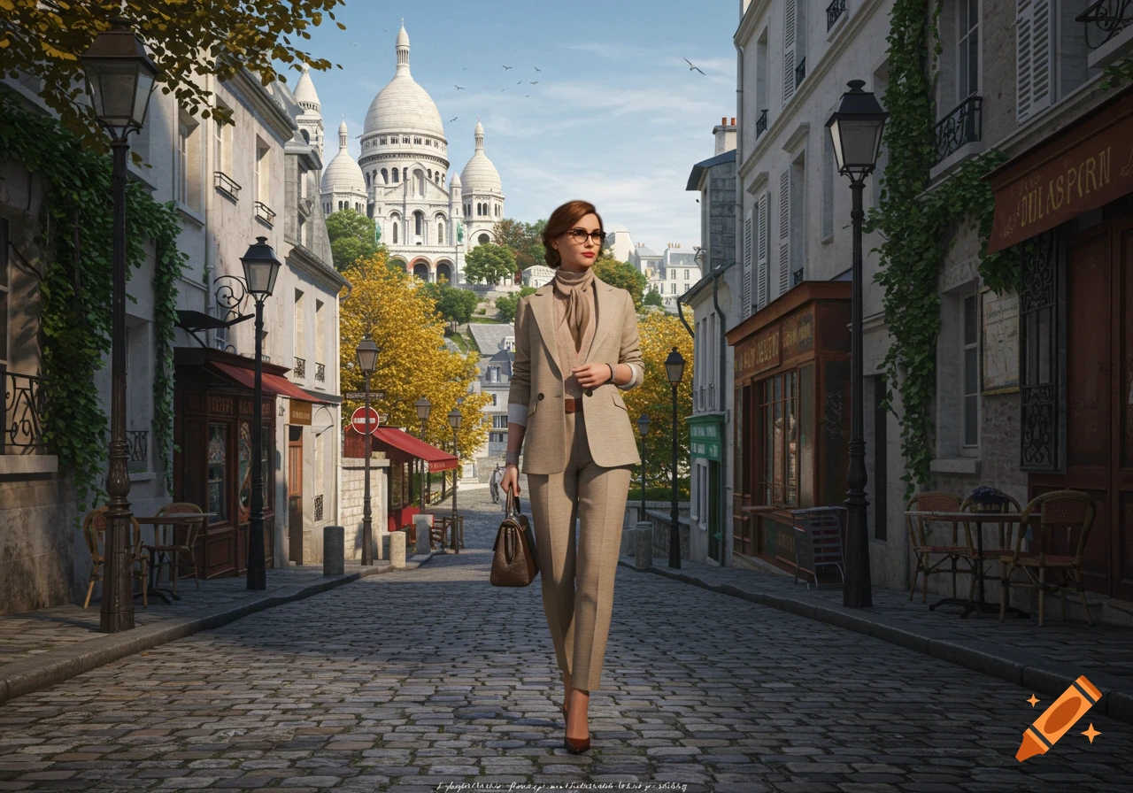 A stylish woman in a beige pantsuit walks down a cobblestone street in Montmartre, Paris, with Sacré-Cœur Basilica in the background. Photorealistic style.