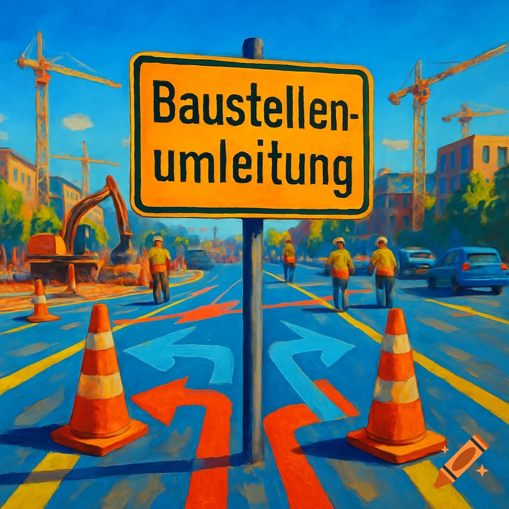 A stylized painting of a construction site with a large yellow 'Baustellenumleitung' sign, cranes, and workers.