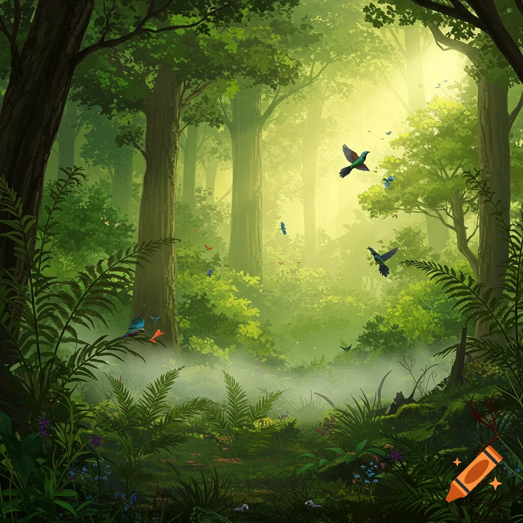 A vibrant, painterly forest with tall trees, lush ferns, and colorful birds flying through a misty, sunlit clearing.