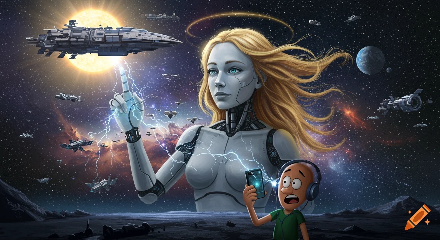 Digital art of a huge AI woman with lightning from her finger in space with a cartoon man holding a glowing phone, spaceships, and planets.