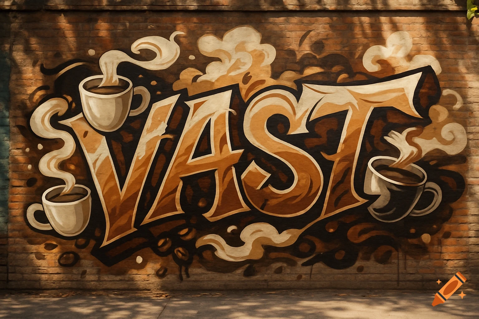 Graffiti art spelling VAST in a coffee-themed design on a brick wall, featuring steaming cups and coffee beans.