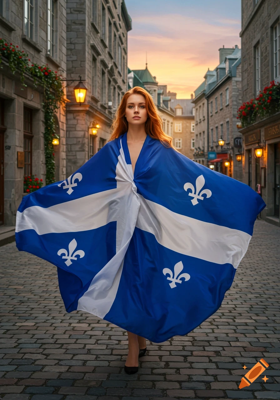 A red-haired woman poses in a flowing Quebec flag worn as a dress on a cobbled street with old buildings at sunset.