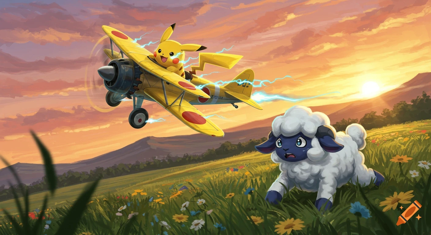 Pikachu flies a yellow bi-plane over a green field with a frightened Lamball at sunset. Illustrated style.