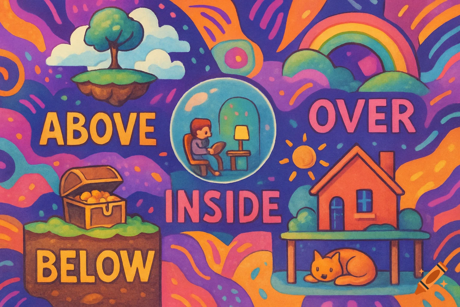 Colorful cartoon illustration depicting various prepositions, with words like ABOVE, BELOW, INSIDE, and OVER alongside corresponding scenes.