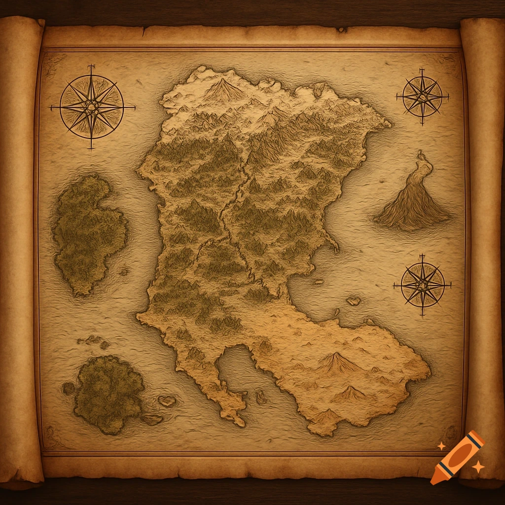 A detailed fantasy world map depicting a large mainland and several islands, rendered on an old, tanned scroll.