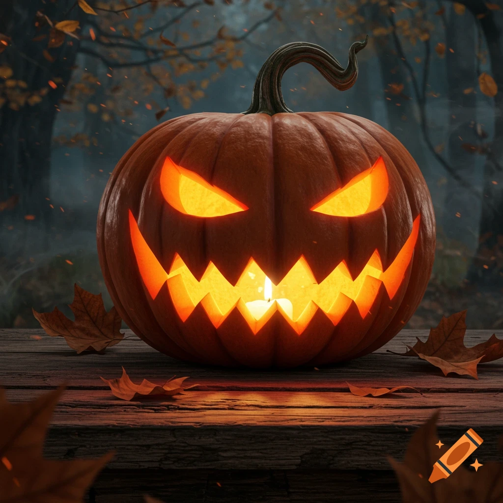 A glowing jack-o'-lantern with carved eyes and a jagged smile sits on a rustic wooden table with autumn leaves in a dark forest.
