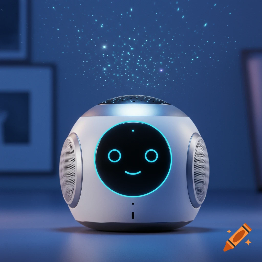 A sleek, round futuristic robot with a glowing smiley face and speaker grills, projecting starry patterns onto a dark blue wall.