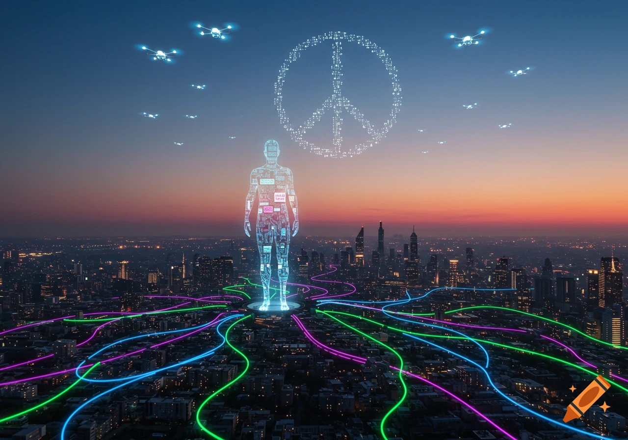 A glowing digital human figure stands over a futuristic city at sunset, connected by colorful data lines. Drones fly above a peace symbol.