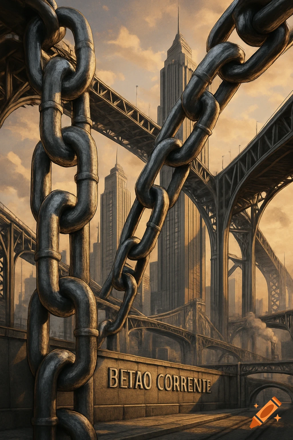 Illustrative view of giant metal chains in the foreground of a cityscape with art deco skyscrapers and numerous bridges under a golden sky.