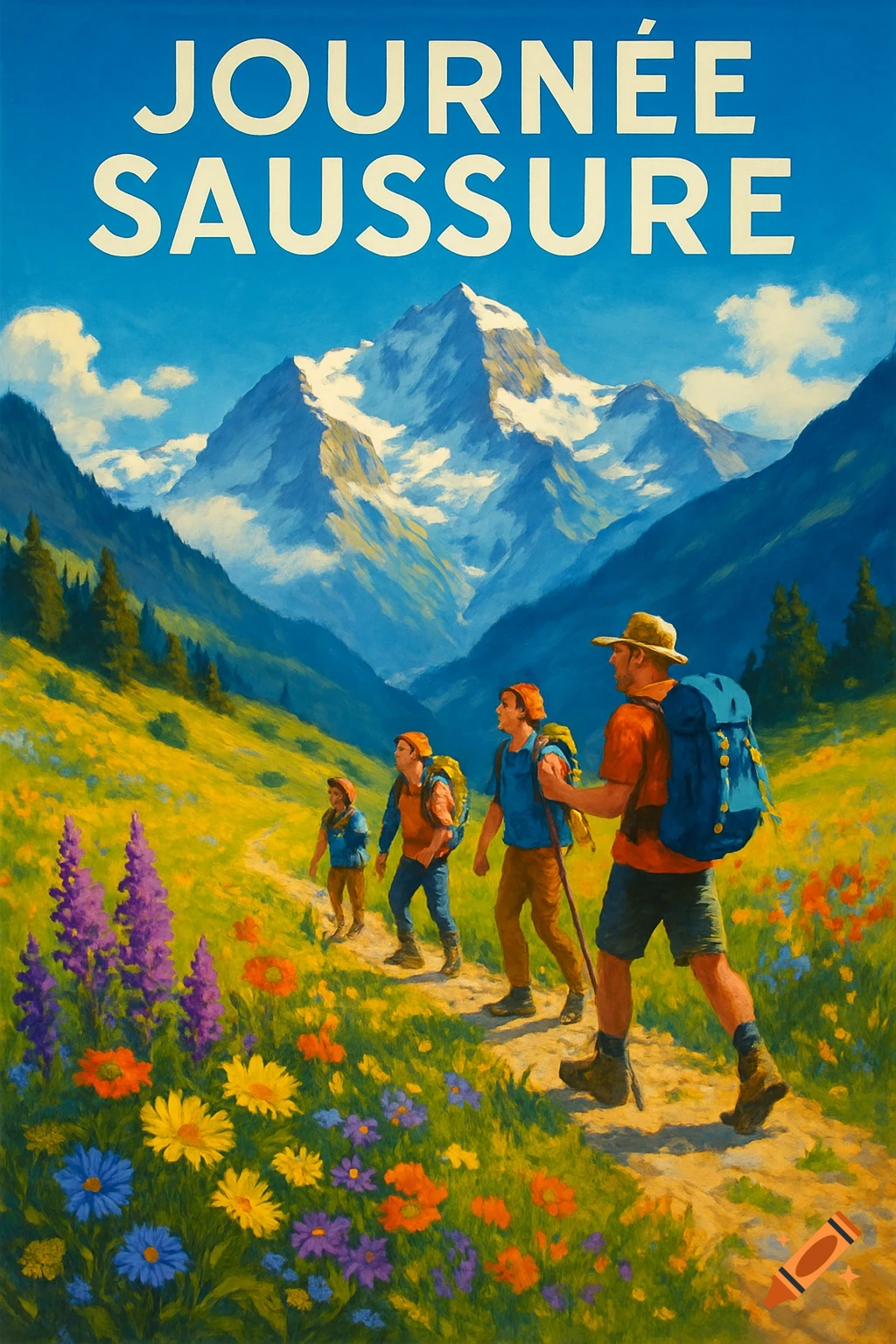 Illustrative painting of hikers on a path through a flowery mountain meadow with snowy peaks and blue sky. Text reads "JOURNÉE SAUSSURE".