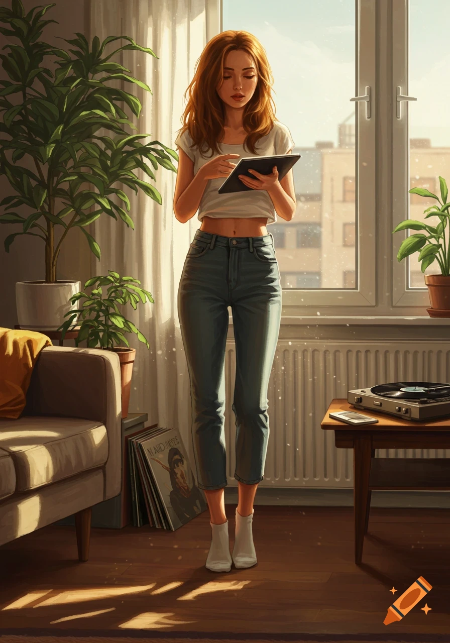 A young woman in a cropped top and jeans stands by a window in a sunlit room, looking at a tablet. Digital art.