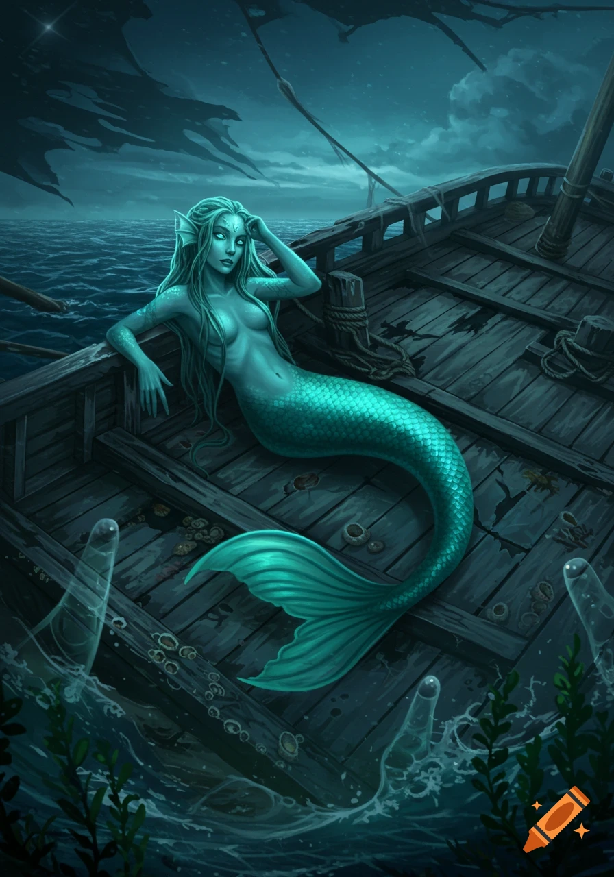 A teal-skinned mermaid with long hair and a glistening scaled tail reclines on a wooden shipwreck in a dark, moonlit ocean scene.