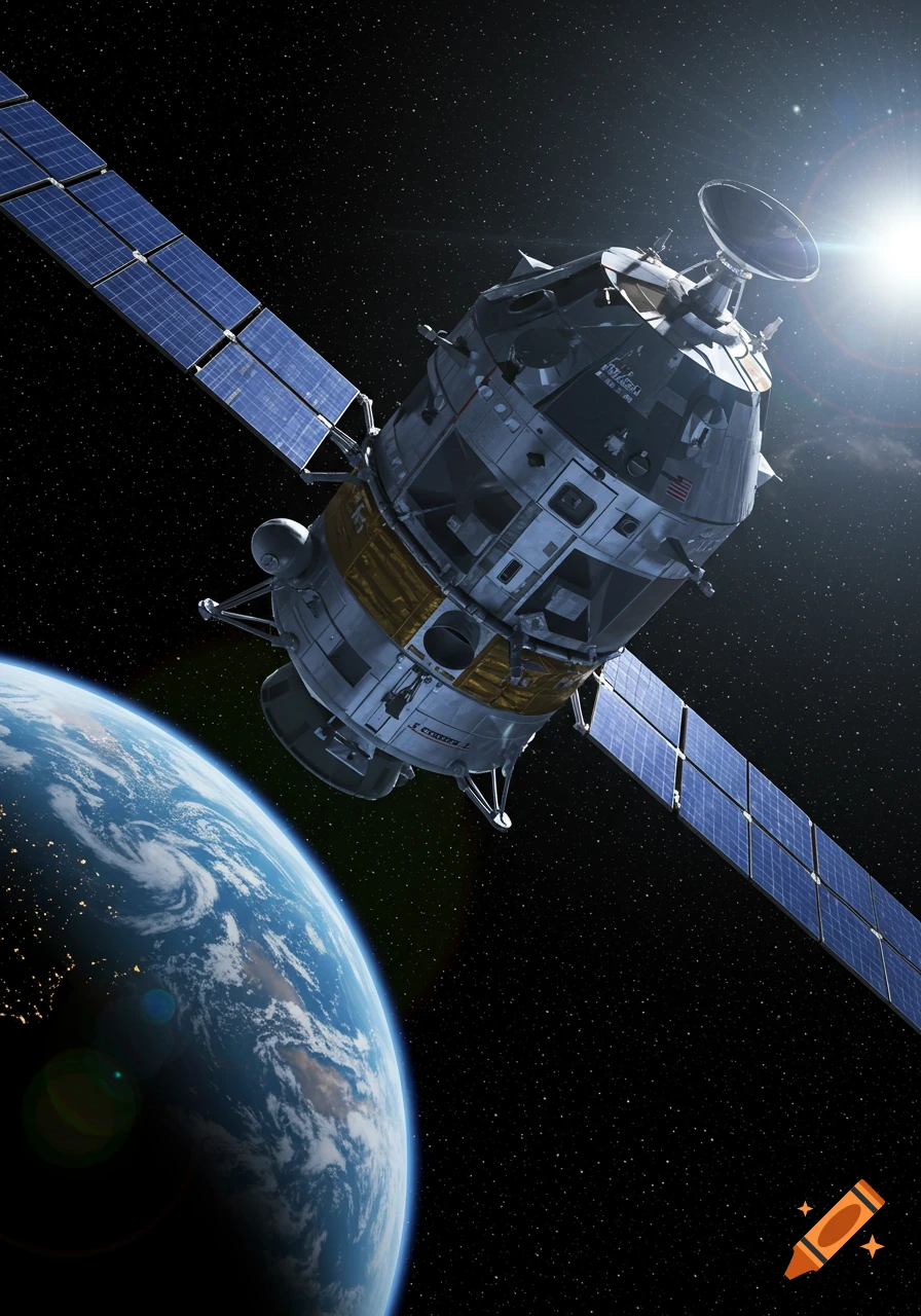 Photorealistic image of a detailed satellite with large solar panels orbiting Earth, with stars and a distant sun flare.