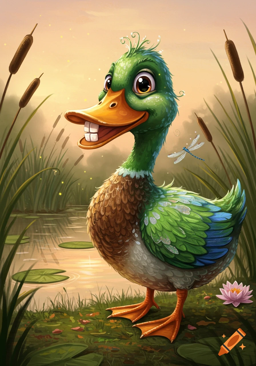 A whimsical cartoon duck with large teeth stands by a pond with cattails, a water lily, and a dragonfly.