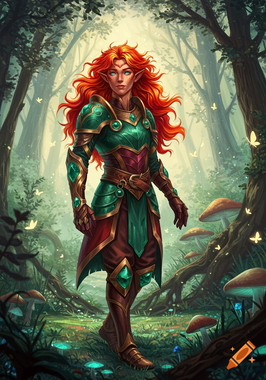 A vibrant digital illustration of a red-haired elf warrior in green and gold armor standing in an enchanted forest with glowing mushrooms.