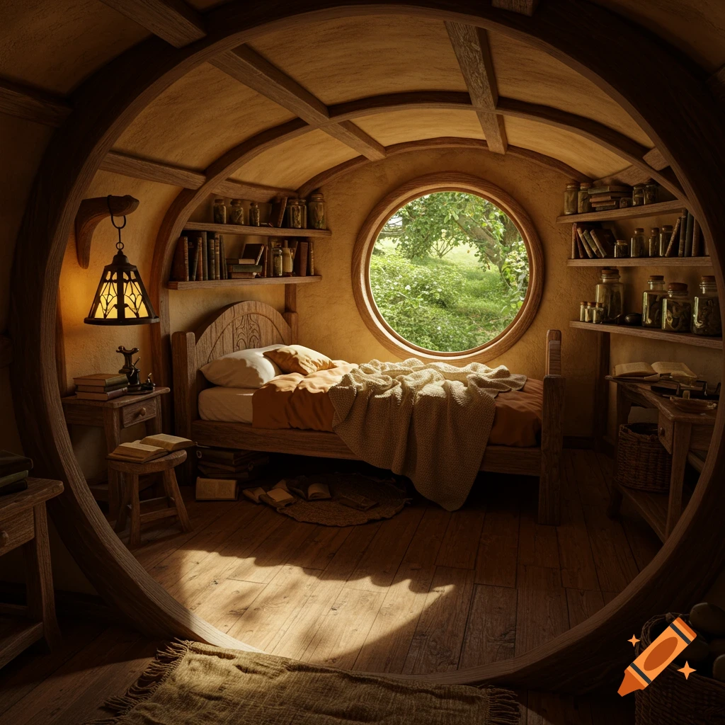 A cozy, round hobbit bedroom with a bed, wooden furniture, and a round window looking out onto lush greenery.
