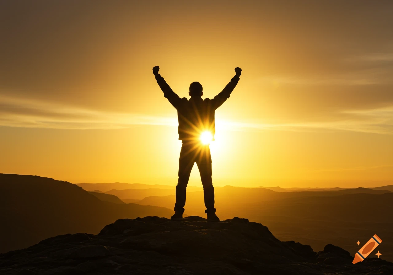 Man in silhouette with raised arms on a rocky peak against a golden sunrise or sunset, conveying triumph.