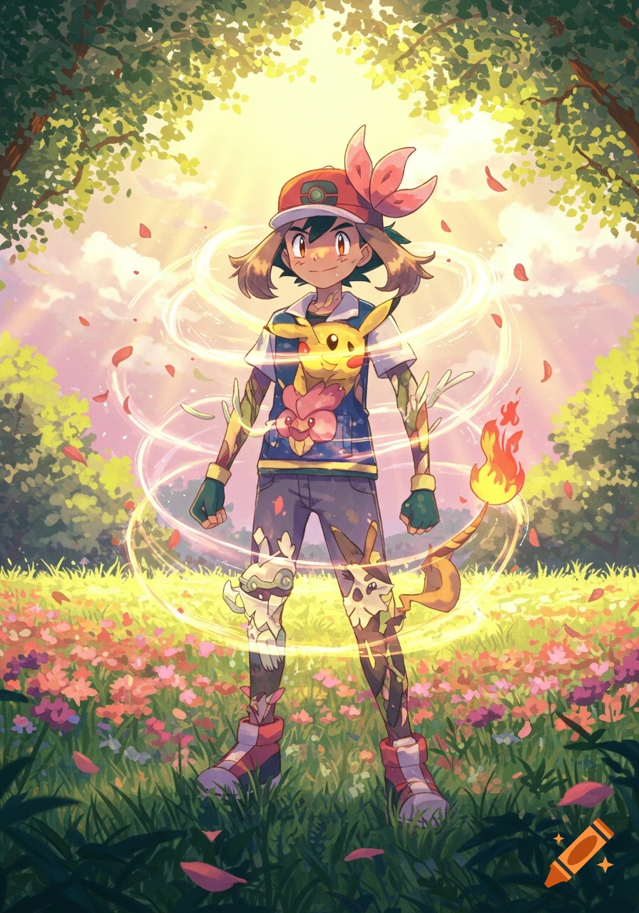 Ash Ketchum stands in a vibrant flowery field under a sunlit forest canopy, with Pokemon elements merged into his attire.