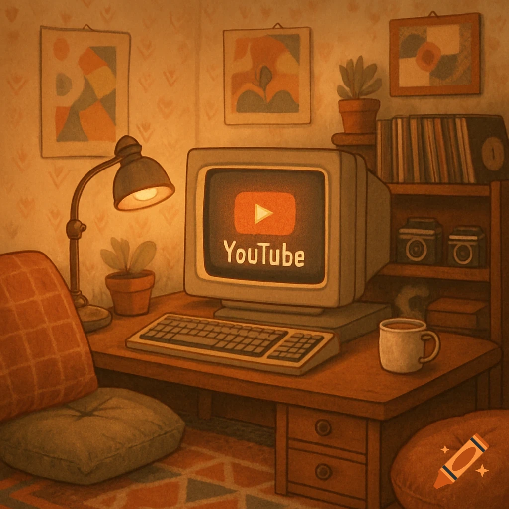 A cozy retro illustration of a desk with a vintage computer displaying the YouTube logo, a lamp, plant, coffee, and shelves.