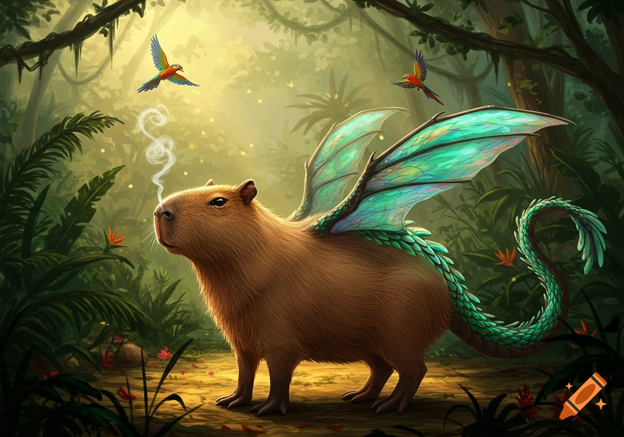 A fantasy digital painting of a capybara with teal dragon wings and tail, smoking from its nose, in a lush jungle with two parrots flying.