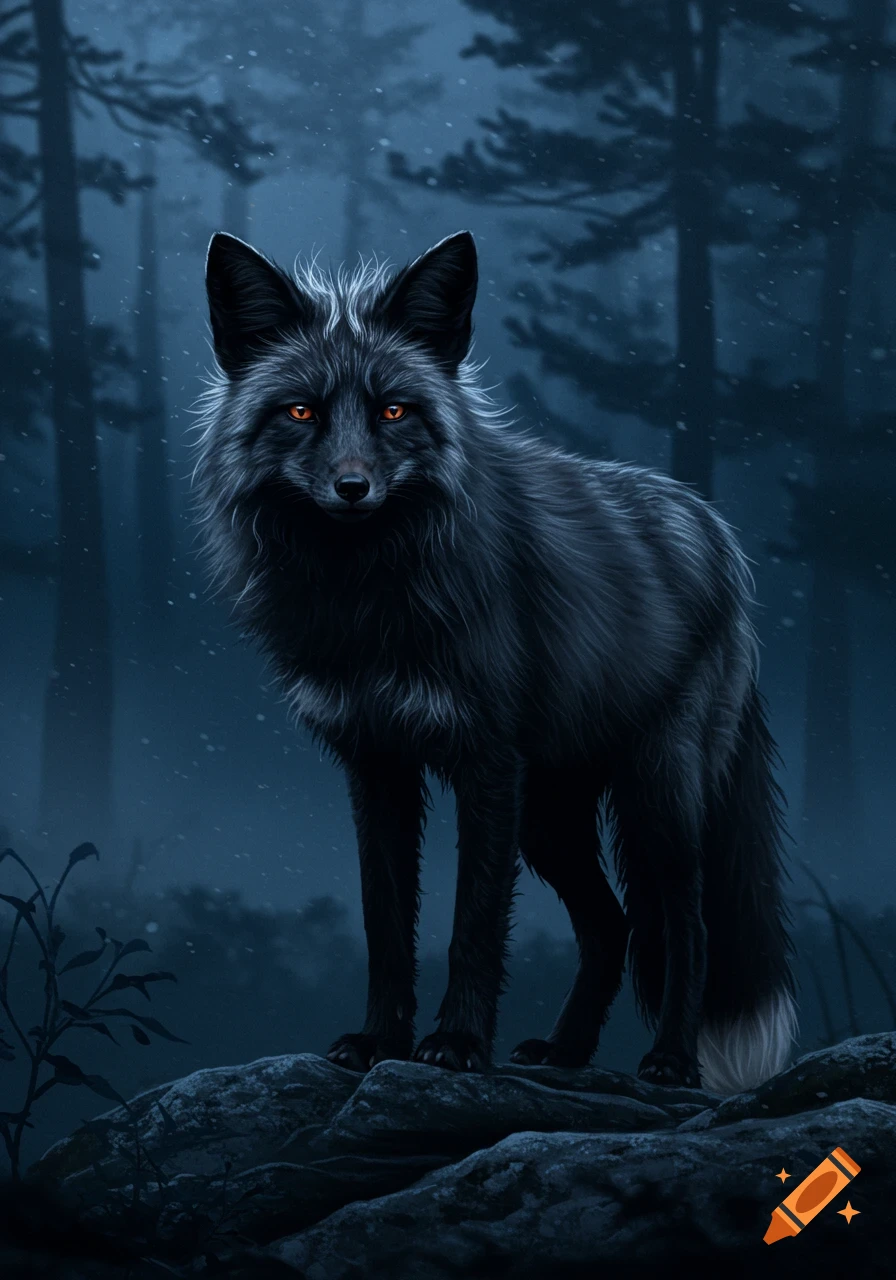 A black fox with glowing orange eyes and white-tipped fur stands on rocks in a dark, snowy forest at night, digital art.